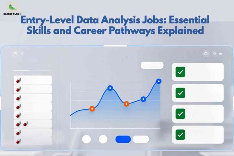 Banner graphic with a light grey-blue background featuring the bold blue headline ‘Entry-Level Data Analysis Jobs: Essential Skills and Career Pathways Explained’ at the top, the Career Plan B logo in the upper left corner, and below an illustration of a translucent digital dashboard interface; the dashboard shows a blue line graph with blue and orange data points trending upward in the center, a vertical list of pill-shaped items on the left, and checkmark-filled boxes on the right, symbolizing analytics tasks, completed milestones, and structured career progress in data analysis.