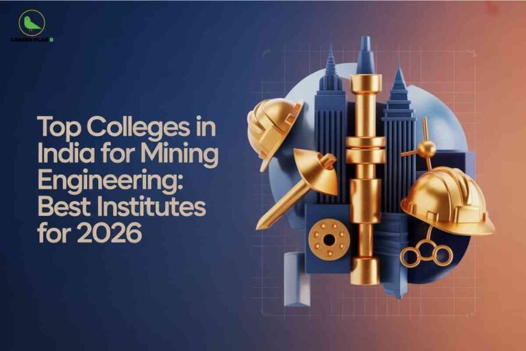 3D illustration of mining tools and safety helmets against a blueprint background, representing top colleges for mining engineering in India and the best institutes for 2026 offering quality education and placements.