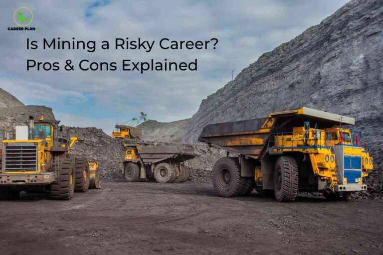 Large mining trucks operating in an open-pit mine, representing mining engineering pros and cons including safety challenges, career risks, and opportunities in the mineral extraction industry.
