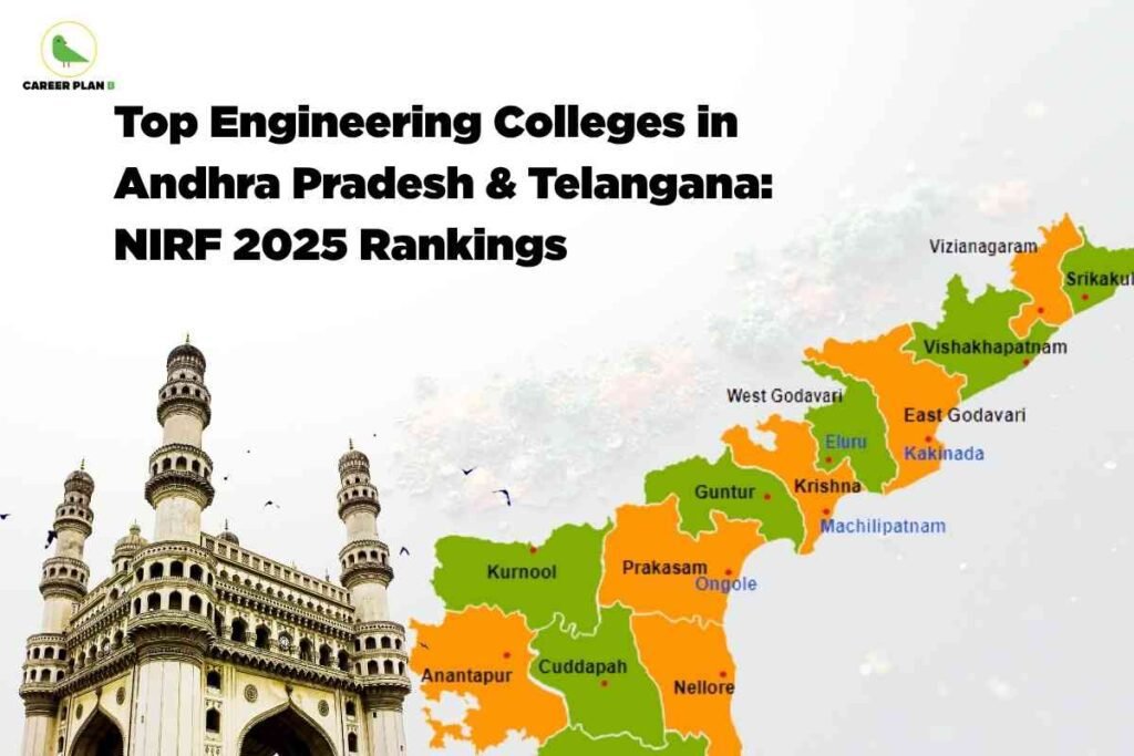 Map illustration of Andhra Pradesh and Telangana in orange and green with major cities labeled, featuring the iconic Charminar monument on the left, visually representing best engineering colleges in Telugu states as per NIRF 2025 rankings, Career Plan B logo at the top left and bold black headline.