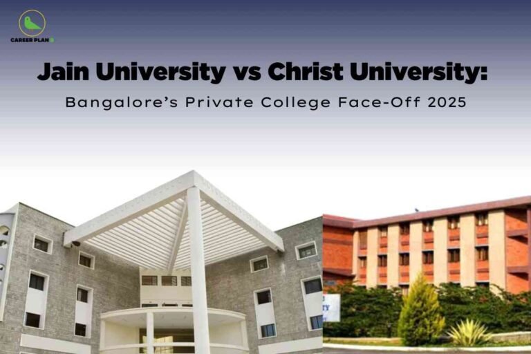 Campus buildings of Jain University and Christ University in Bangalore, representing a detailed comparison of Jain University vs Christ University in 2025 based on academics, placements, and infrastructure.