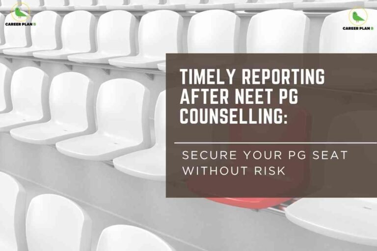 A stadium section with rows of pristine white plastic seats, featuring a single red seat among them to signify standing out; the image is overlaid with bold text that reads "Timely Reporting After NEET PG Counselling: Secure Your PG Seat Without Risk," and both upper corners display the Career Plan B logo, highlighting the importance of prompt action in the postgraduate medical counseling process for seat security.