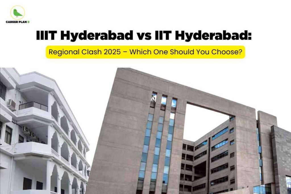 Campus buildings of IIIT Hyderabad and IIT Hyderabad side by side, representing IIIT Hyderabad vs IIT Hyderabad comparison 2025 highlighting differences in academics, placements, and research opportunities.