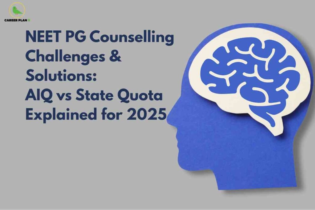 A digital illustration featuring a blue silhouette of a human head in profile, with an abstract depiction of a brain created using cutout shapes in cream and blue placed within the head; the background is light gray. To the left, prominent dark blue text reads "NEET PG Counselling Challenges & Solutions: AIQ vs State Quota Explained for 2025." The Career Plan B logo is positioned in the upper left corner, combining a green bird inside a yellow circle with black and green text. The overall design conveys guidance and explanations for postgraduate medical counseling, specifically addressing the differences between All India Quota (AIQ) and State Quota for NEET PG in 2025.