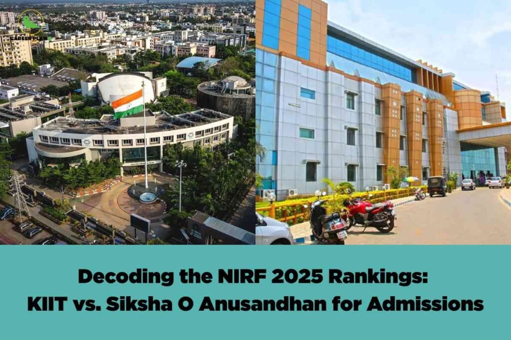 Aerial and front view of KIIT University and Siksha O Anusandhan University campuses, representing KIIT vs Siksha O Anusandhan comparison 2025 based on NIRF rankings, placements, and admission criteria.