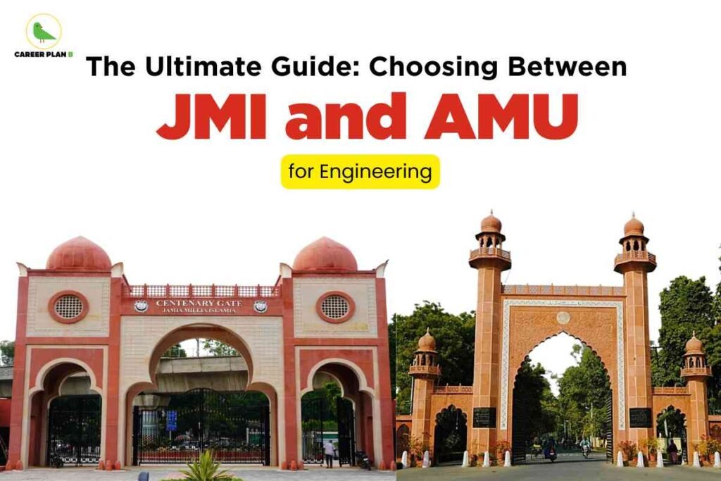 Side-by-side photos of the iconic red-brick main gates of Jamia Millia Islamia (JMI) and Aligarh Muslim University (AMU), visually representing JMI vs AMU for engineering with bold black and red headline and a yellow "for Engineering" label; Career Plan B logo at the top left.