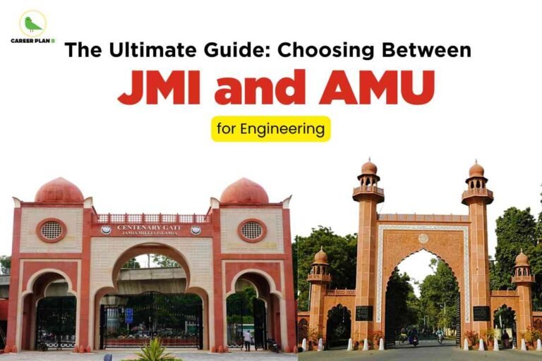 Side-by-side photos of the iconic red-brick main gates of Jamia Millia Islamia (JMI) and Aligarh Muslim University (AMU), visually representing JMI vs AMU for engineering with bold black and red headline and a yellow "for Engineering" label; Career Plan B logo at the top left.