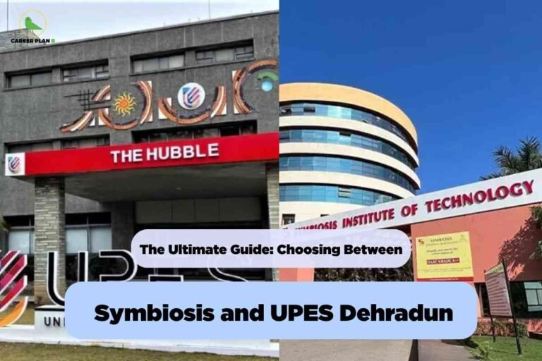 Split-image comparison showing the modern gray UPES building with "THE HUBBLE" sign on the left and the yellow Symbiosis Institute of Technology building in Dehradun on the right, with a blue banner headline "Symbiosis and UPES Dehradun" and Career Plan B logo at the top left.