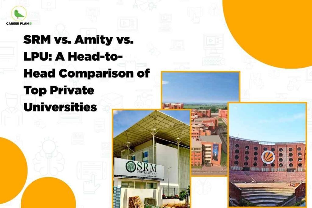 Side-by-side collage comparing the modern SRM University AP building, Amity University’s expansive campus, and Lovely Professional University’s amphitheater with orange border, headline "SRM vs. Amity vs. LPU: A Head-to-Head Comparison of Top Private Universities" in bold black text, and Career Plan B logo at the top left.