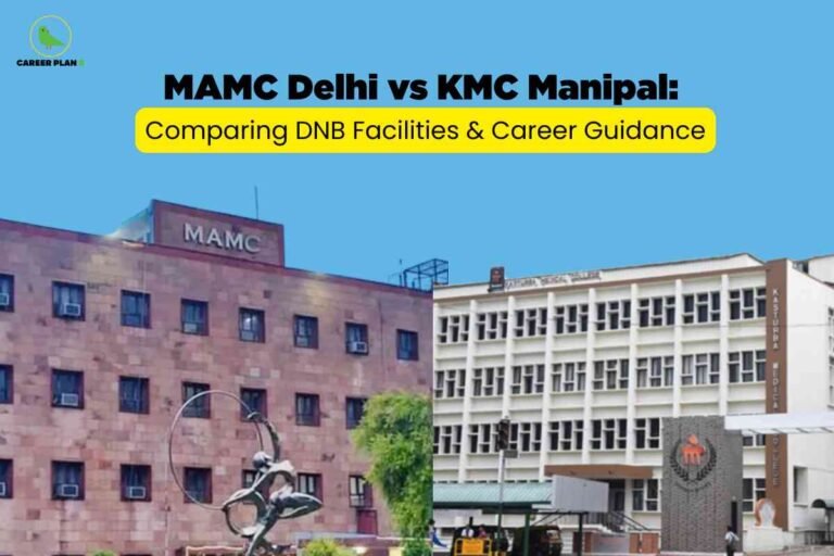 The image displays two distinct medical college buildings against a bright blue background. On the left is the MAMC Delhi building, characterized by its reddish-brown stone facade and rectangular grid of windows, with "MAMC" clearly labeled on a sign above. In front of this building, there's a contemporary statue featuring abstract human forms and a circular element. On the right is the KMC Manipal (Kasturba Medical College) building, notable for its white multi-story structure with many windows, and vertical signage reading "Kasturba Medical College" along the corner. A modern emblem and entrance canopy are visible at the front. At the top, bold black text reads, "MAMC Delhi vs KMC Manipal:" and below that, highlighted in a yellow box, "Comparing DNB Facilities & Career Guidance." The Career Plan B logo is placed in the upper left corner, depicting a green bird. The image is designed to visually represent a comparison of DNB facilities and career guidance between MAMC Delhi and KMC Manipal.