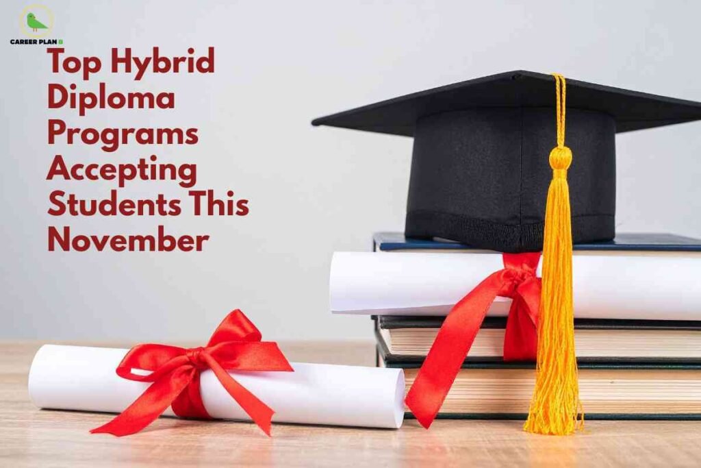 Graduation cap and rolled certificates with red ribbons representing hybrid diploma programs accepting students this November, illustrating flexible blended learning options.