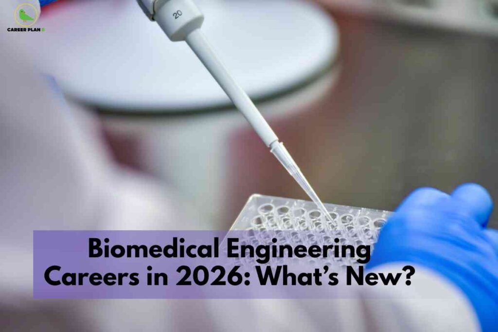 In a clinical lab setting, a gloved hand holds a clear plastic microplate while a pipette dispenses liquid into one of the tiny wells, with a translucent purple banner across the bottom displaying the bold black text “Biomedical Engineering Careers in 2026: What’s New?” and the green bird “Career Plan B” logo in the top‑left corner.