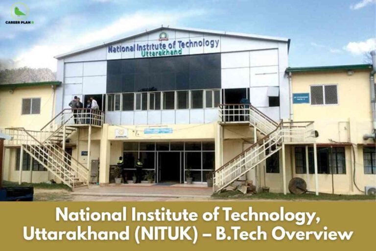 Front view of the National Institute of Technology Uttarakhand campus building under a cloudy blue sky, with twin external staircases leading to the upper floor and a few students standing near the entrance, overlaid at the bottom with a mustard banner carrying the white text “National Institute of Technology, Uttarakhand (NITUK) – B.Tech Overview,” along with the green bird “Career Plan B” logo in the top‑left corner.