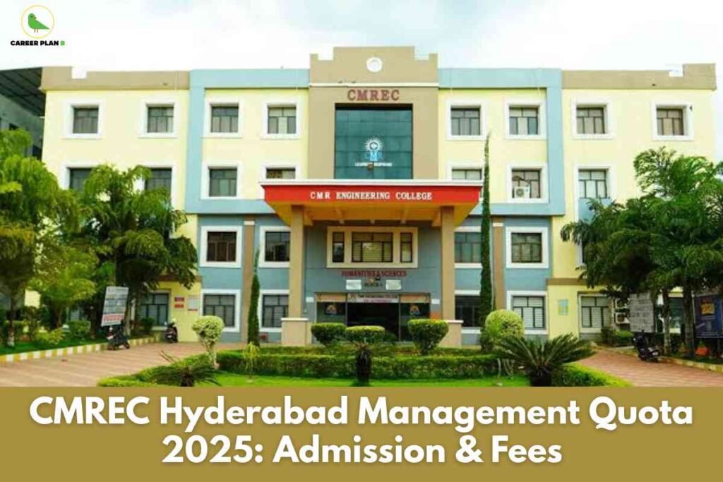 Front view of the CMREC (CMR Engineering College) Hyderabad campus with a cream and blue multi‑storey building, a red entrance canopy labeled “CMR Engineering College,” lush green lawns and palm trees in the foreground, a cloudy sky above, and a mustard banner at the bottom displaying the white text “CMREC Hyderabad Management Quota 2025: Admission & Fees,” along with the green bird “Career Plan B” logo in the top‑left corner.