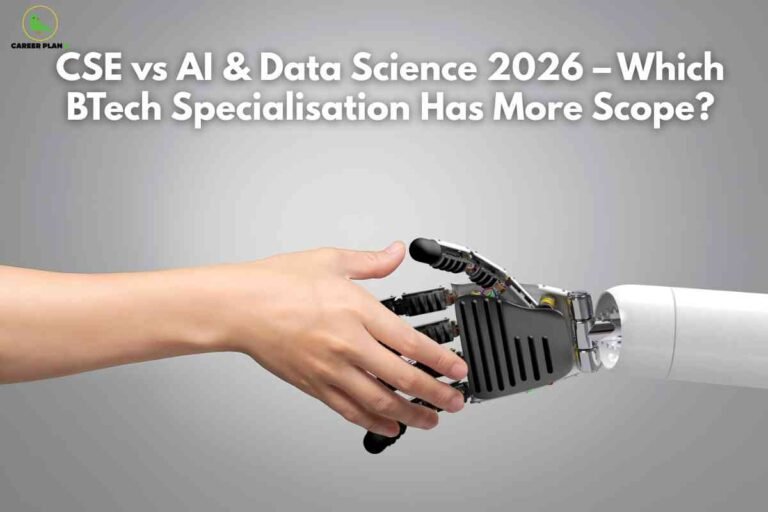 A human hand shaking hands with a robotic hand, symbolizing technology and future careers, representing the comparison of CSE vs AI DS specialisations for 2026 scope.