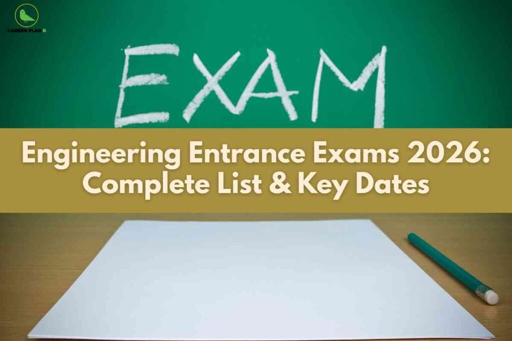 Chalkboard with the word exam written on it, alongside a blank sheet and pencil, representing engineering entrance exams 2026 complete list and key dates.