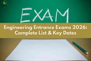 Chalkboard with the word exam written on it, alongside a blank sheet and pencil, representing engineering entrance exams 2026 complete list and key dates.