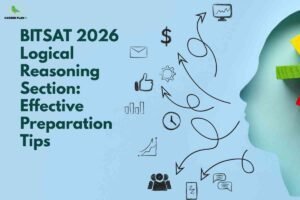 Illustration of a human head with logic icons and arrows representing analytical thinking, used for a guide on BITSAT 2026 logical reasoning preparation tips.