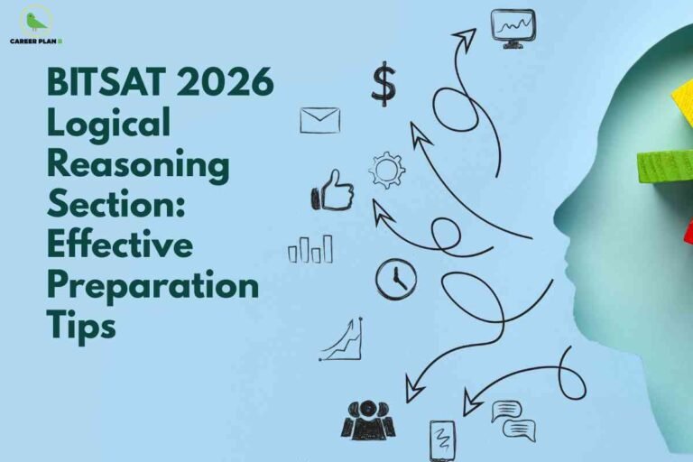 Illustration of a human head with logic icons and arrows representing analytical thinking, used for a guide on BITSAT 2026 logical reasoning preparation tips.