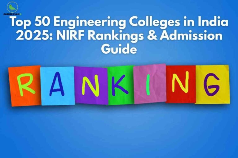 Colorful blocks forming the word ranking against a blue background, representing NIRF lists for the top 50 engineering colleges India 2025.
