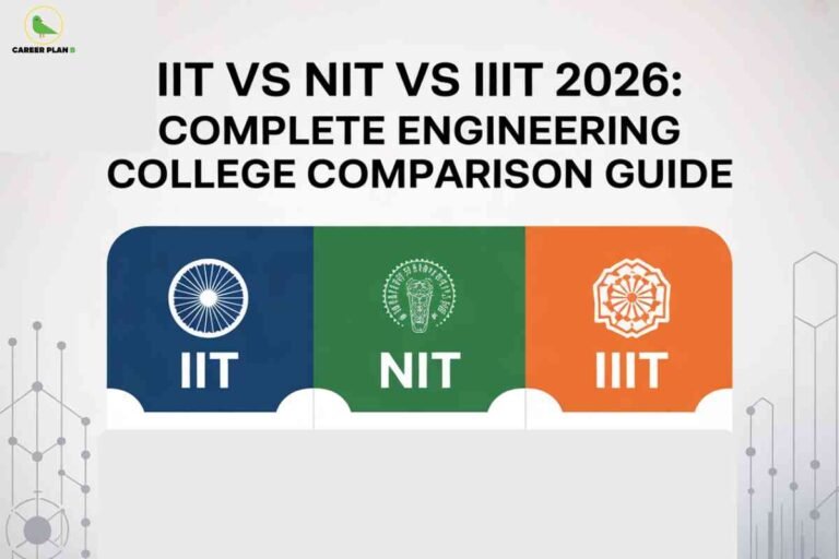 Infographic showing IIT, NIT, and IIIT logos side by side, representing the IIT vs NIT vs IIIT 2026 engineering college comparison guide.
