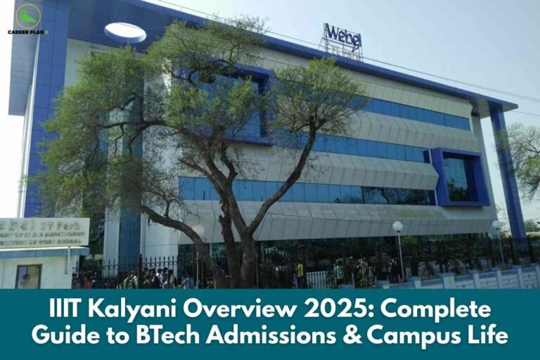 Front view of IIIT Kalyani campus building with students near the entrance, used for IIIT Kalyani overview 2025 focusing on BTech admissions and campus life.