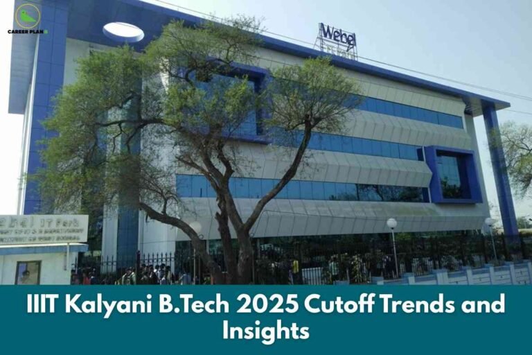 Front view of IIIT Kalyani campus building with students near the entrance, used for illustrating IIIT Kalyani cutoff 2025 trends and insights.