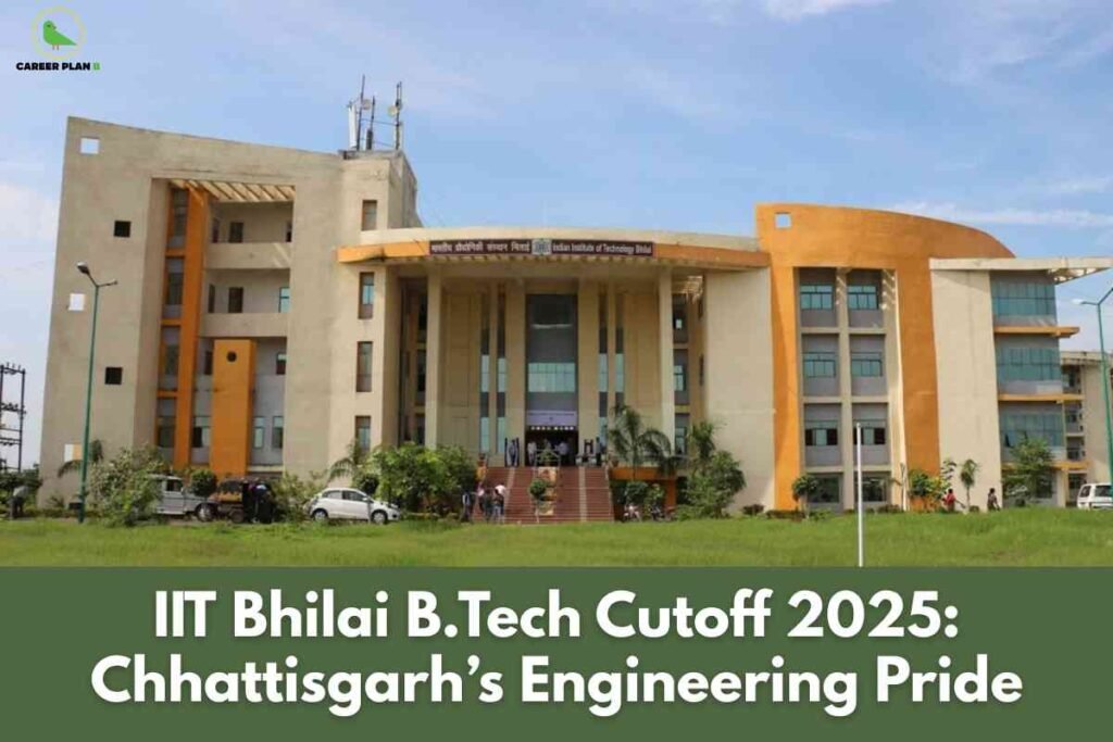 Front view of the IIT Bhilai academic building with students and greenery, used to illustrate IIT Bhilai cutoff 2025 trends and insights.