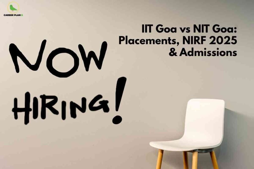 IIT Goa vs NIT Goa comparison banner showing a “NOW HIRING” message on a beige wall, an empty white chair symbolizing placement opportunities, headline text about IIT Goa vs NIT Goa placements, NIRF 2025 rankings and admissions, and a green Career Plan logo in the top‑left corner.