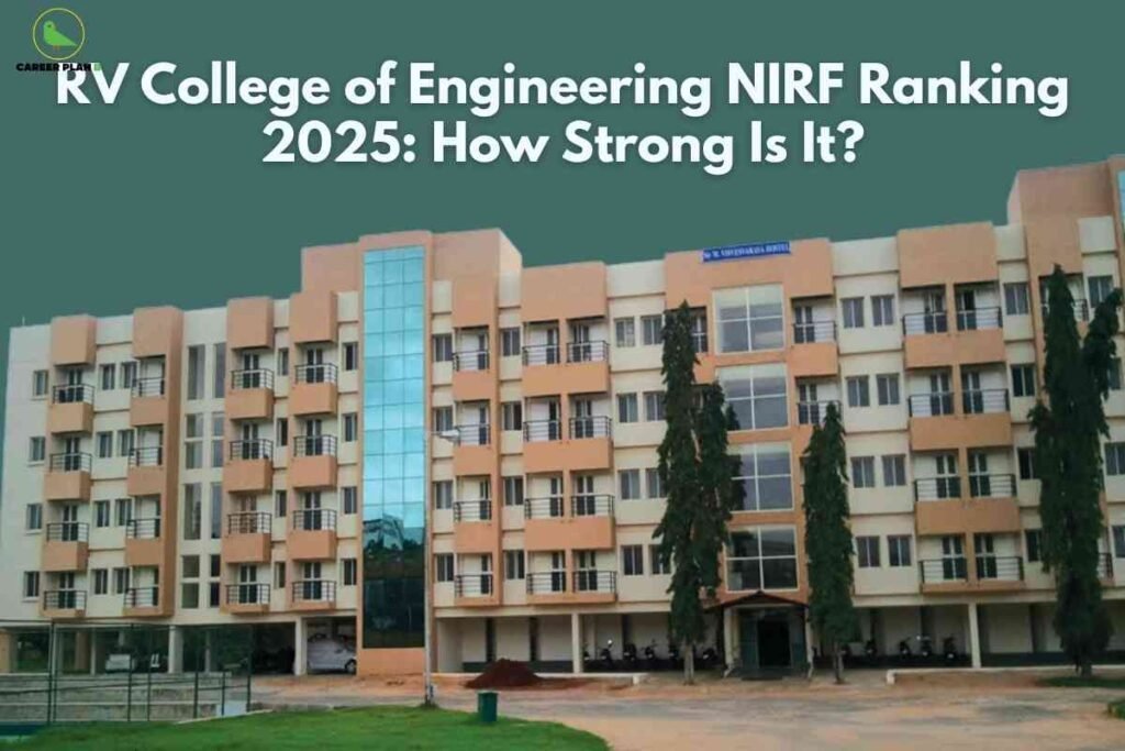 RV engineering college NIRF ranking banner image showing the main multi‑storey academic building, front lawn and entrance area, headline text about RV College of Engineering NIRF ranking 2025, and a green Career Plan logo in the top‑left corner.
