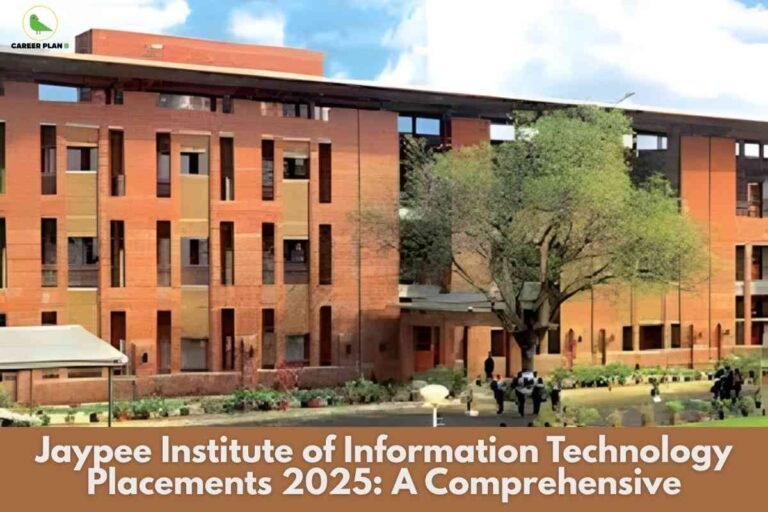 Jaypee Institute placements 2025 banner image showing the modern red‑brick campus building, central courtyard with trees and students walking, headline text about Jaypee Institute of Information Technology placements 2025, and a green Career Plan logo in the top‑left corner.
