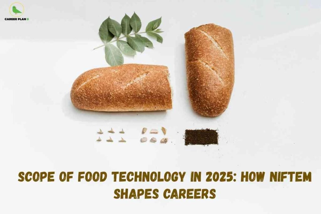 Scope of Food Technology banner showing two loaves of bread with leaves, grains, and powder ingredients on a white background, headline text about the scope of food technology in 2025 and how NIFTEM shapes careers, and a green Career Plan logo in the top‑left corner.