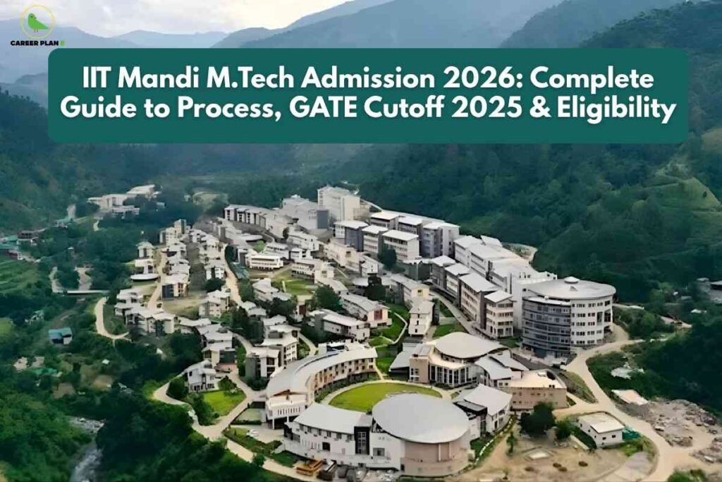 IIT Mandi M.Tech admission banner image showing the IIT Mandi hill campus aerial view surrounded by green mountains, headline text about IIT Mandi M.Tech admission process, GATE cutoff 2025 and eligibility, and a green Career Plan B logo in the top‑left corner.