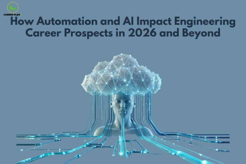Futuristic illustration showing a human figure connected to a digital cloud network, representing AI in engineering careers and how automation transforms future job prospects.