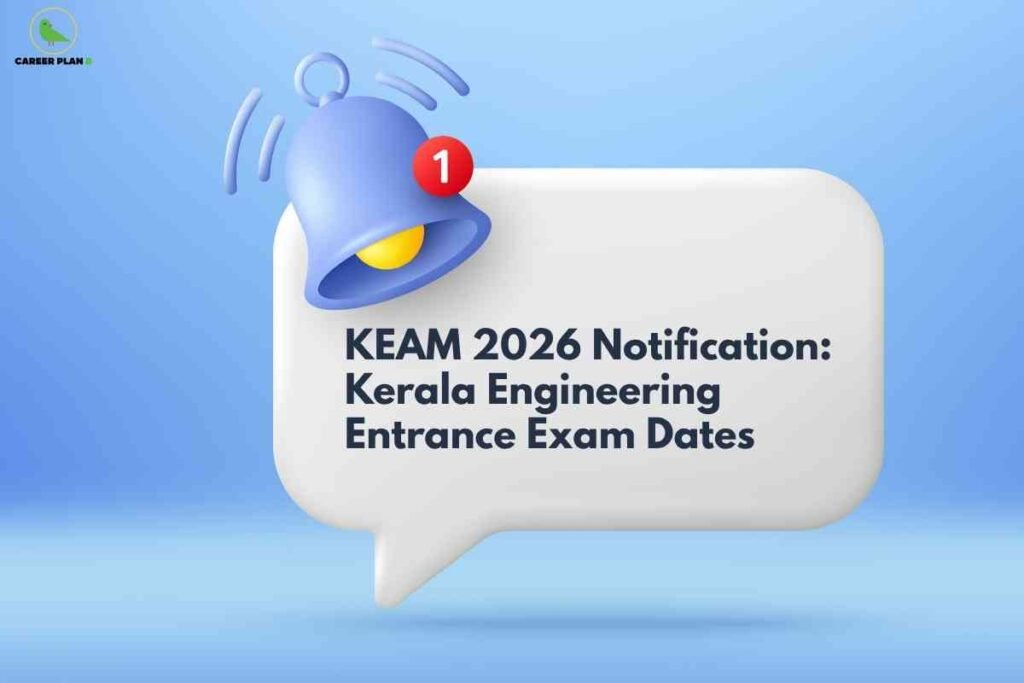 Illustration showing a notification bell with a message bubble displaying KEAM 2026 notification and Kerala engineering entrance exam dates.