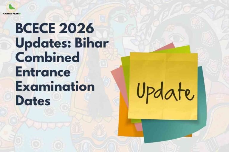 Graphic showing BCECE 2026 exam date update with colorful sticky notes and Bihar-themed background, representing Bihar Combined Entrance Examination announcements.