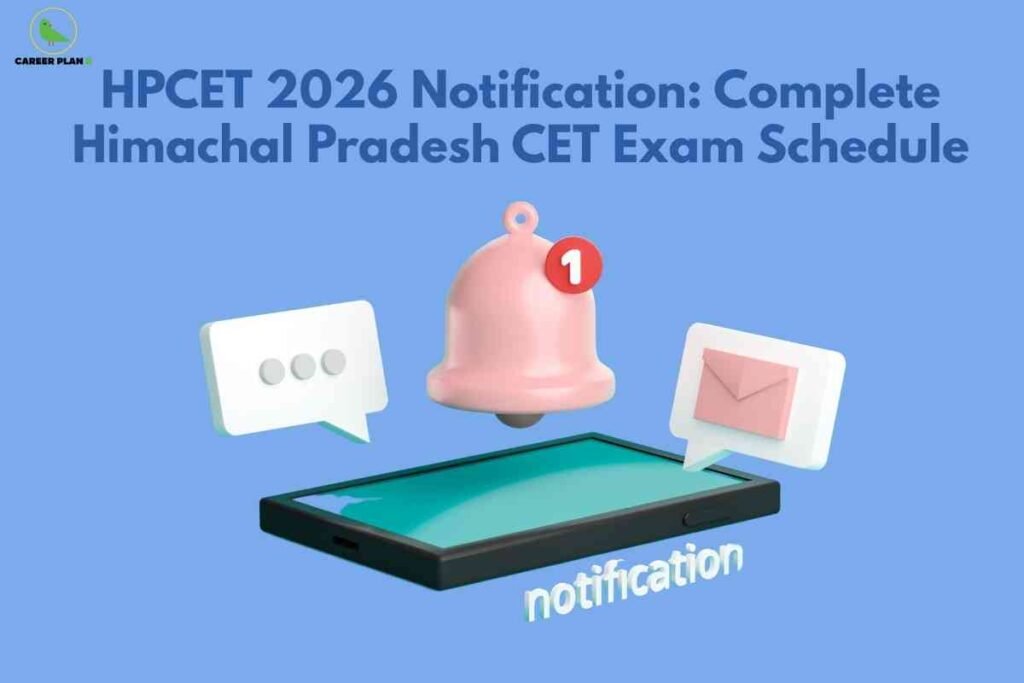 Illustration showing a mobile alert bell and messages representing the HPCET 2026 notification for Himachal Pradesh CET exam schedule updates.