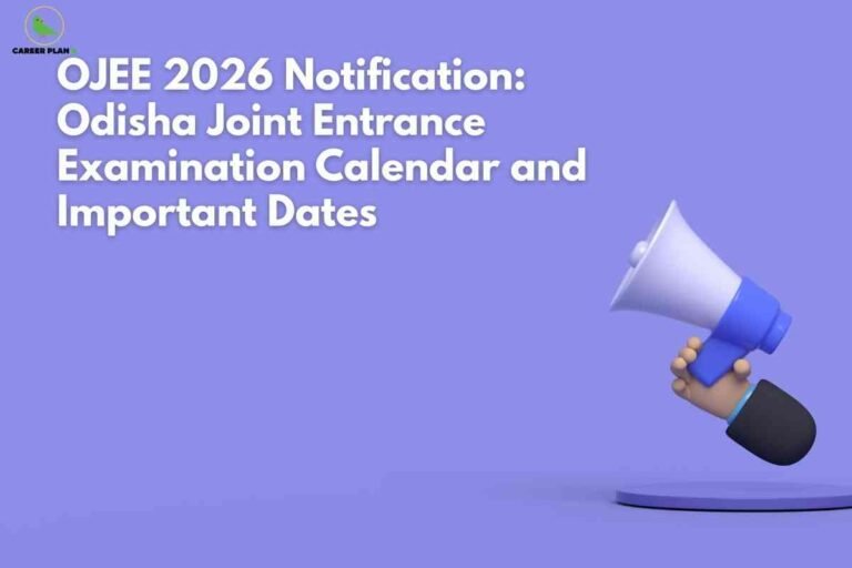 3D illustration of a hand holding a megaphone announcing the OJEE 2026 notification with text about Odisha Joint Entrance Examination important dates on a purple background.