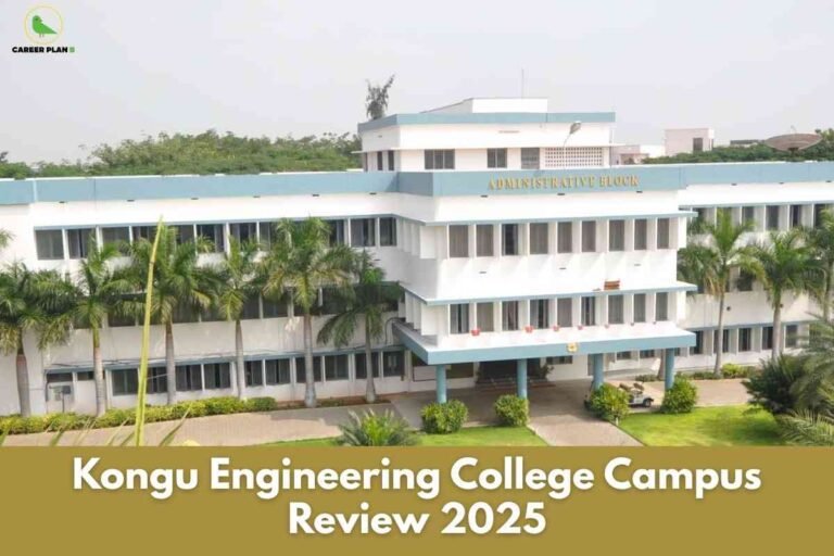 Kongu Engineering College review 2025 showing the administrative block and green campus with palm trees, highlighting infrastructure for students.