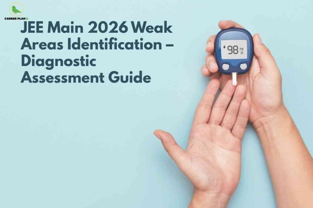 JEE Main weak areas identification banner image showing a student’s hands holding a diagnostic glucometer metaphorically assessing performance, light blue background, bold headline text about JEE Main 2026 weak areas identification and diagnostic assessment guide, and a green Career Plan B logo in the top‑left corner.
