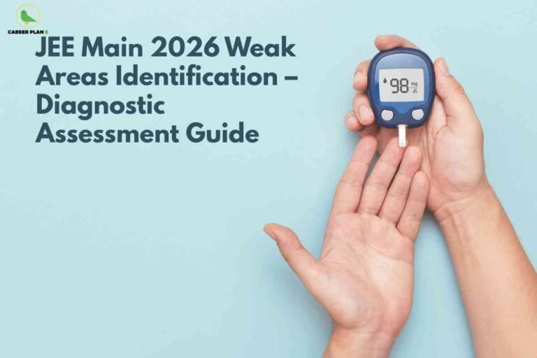 JEE Main weak areas identification banner image showing a student’s hands holding a diagnostic glucometer metaphorically assessing performance, light blue background, bold headline text about JEE Main 2026 weak areas identification and diagnostic assessment guide, and a green Career Plan B logo in the top‑left corner.