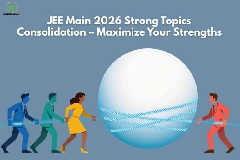 JEE Main strong topics banner image showing illustrated students in formal attire pulling ropes together to move a large white sphere, symbolizing consolidation of strong topics, with headline text about JEE Main 2026 strong topics consolidation and a green Career Plan B logo in the top‑left corner.