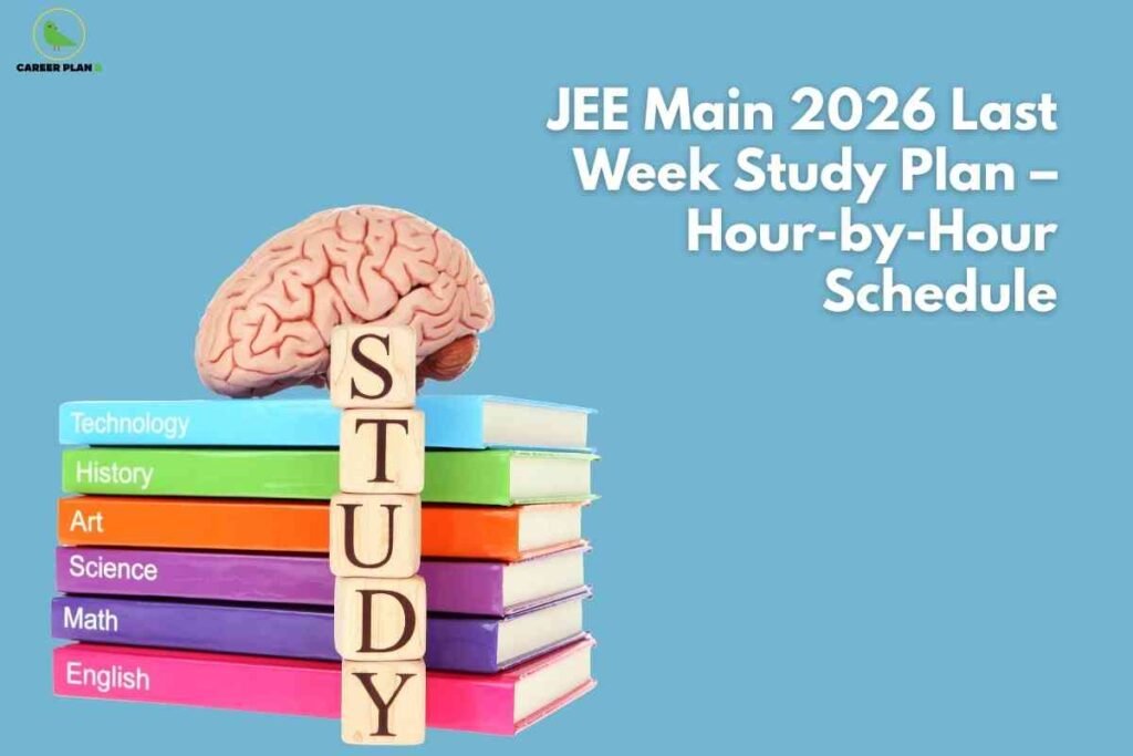 JEE Main last week study plan banner image showing a stack of colorful subject books labeled technology, history, art, science, math and English with a brain model and wooden cubes spelling STUDY on top, blue background, headline text about JEE Main 2026 last week hour‑by‑hour study schedule, and a green Career Plan B logo in the top‑left corner.