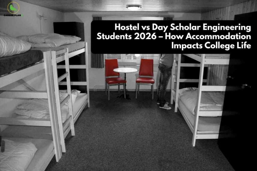 Hostel vs day scholar banner image showing a shared hostel room with bunk beds on both sides, a student standing near the right bunk, two red chairs with a round table in the center, black‑and‑white background highlighting accommodation contrast, headline text about hostel vs day scholar engineering students, and a green Career Plan B logo in the top‑left corner.