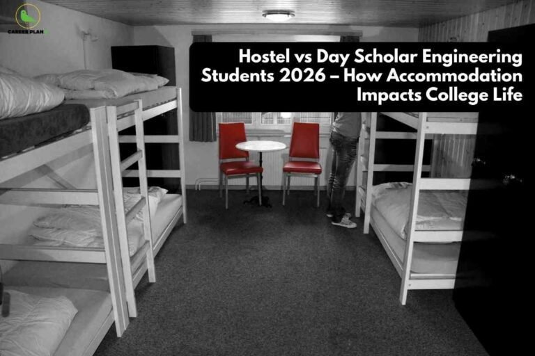 Hostel vs day scholar banner image showing a shared hostel room with bunk beds on both sides, a student standing near the right bunk, two red chairs with a round table in the center, black‑and‑white background highlighting accommodation contrast, headline text about hostel vs day scholar engineering students, and a green Career Plan B logo in the top‑left corner.