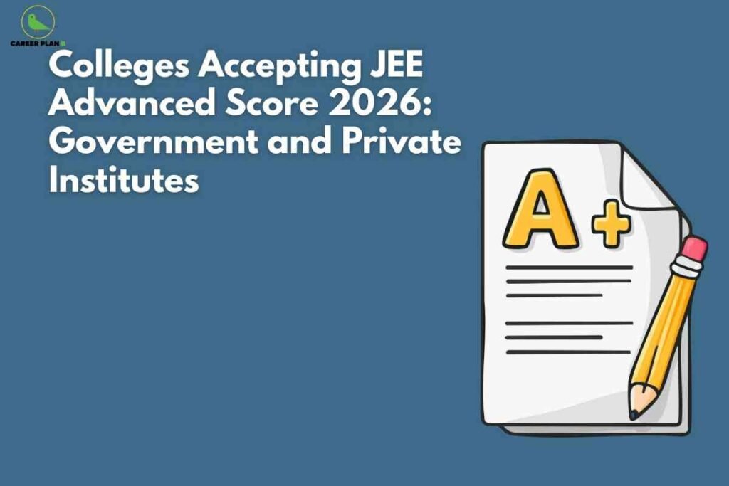 Illustration of an A+ grade sheet and pencil representing top colleges accepting JEE Advanced score in 2026 for government and private institute admissions.