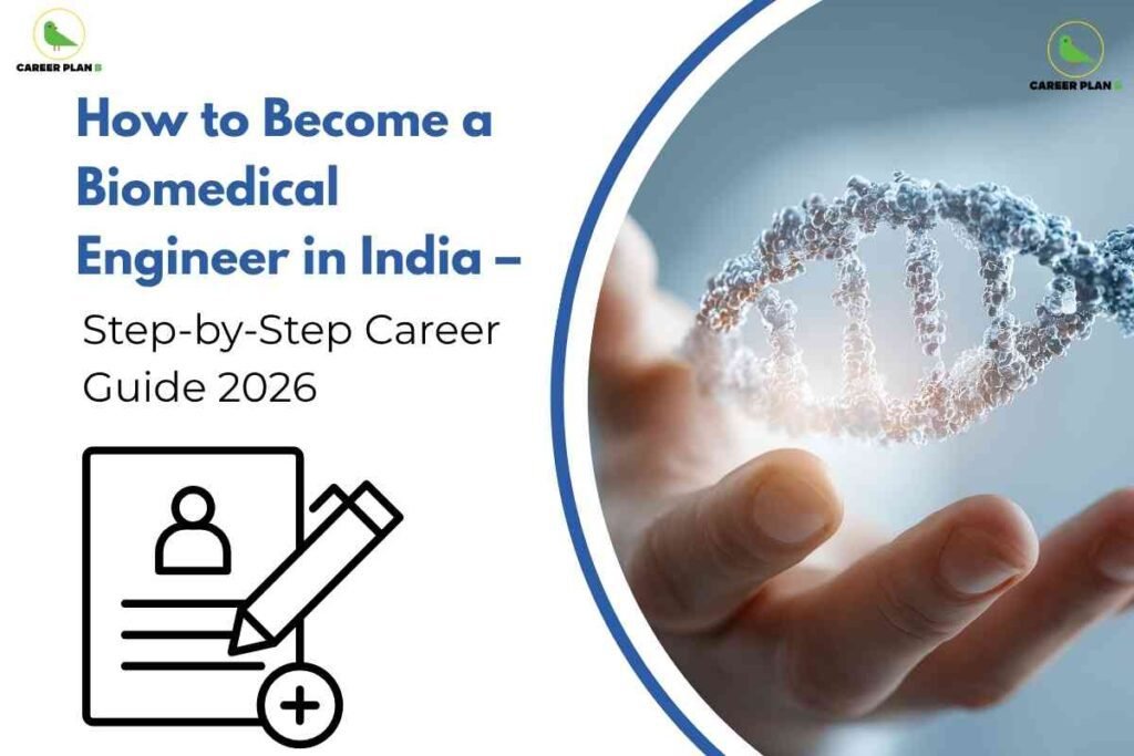 Guide on how to become biomedical engineer in India showing DNA model and career steps illustration