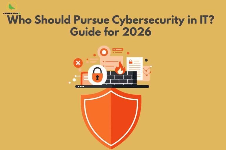 Illustration explaining who should study cybersecurity, showing a shield, firewall, lock, and IT security icons representing digital protection and cyber careers.