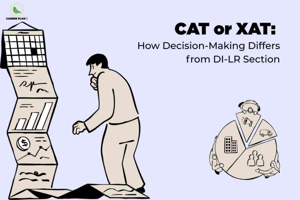 Illustration showing a student analyzing charts and puzzles alongside business scenario segments, representing how CAT vs XAT decision making differs from CAT’s DI-LR section.