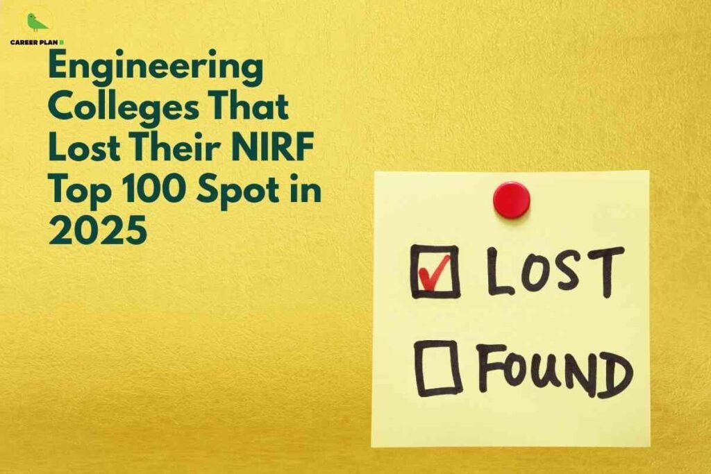 Graphic showing a checklist marked 'Lost' to illustrate engineering colleges that lost NIRF Top 100 ranking in 2025, used for Career Plan B education guide.